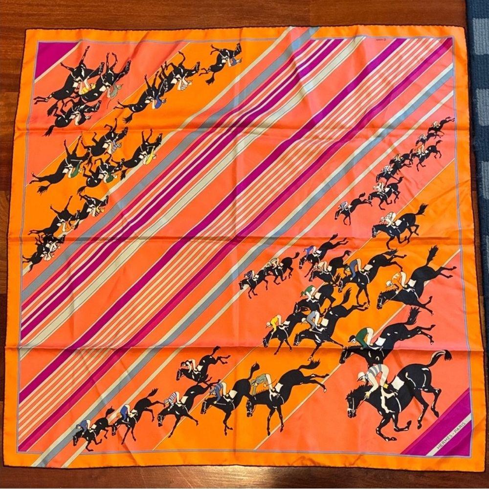 Hermes Orange Multicolor Equestrian Silk Scarf with Pink, Purple & Cream Stripes
